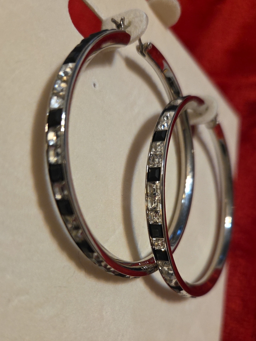 Silver Hoop Earrings with Black and Clear Accent Crystals - Women Jewelry